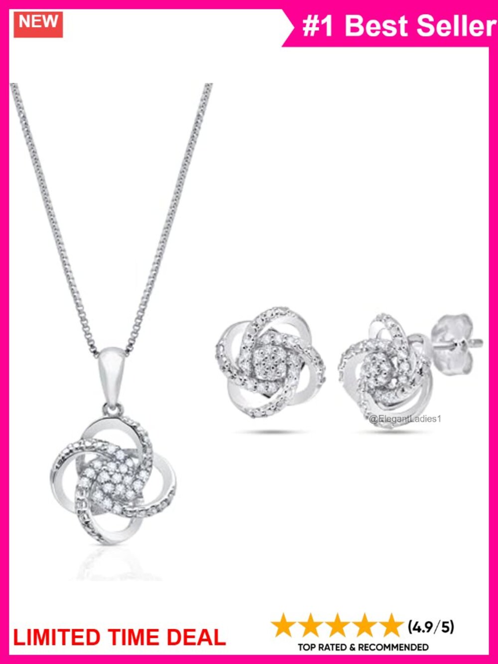 Diamond Love Knot Stud Earrings & Necklace Set 925 Sterling Silver